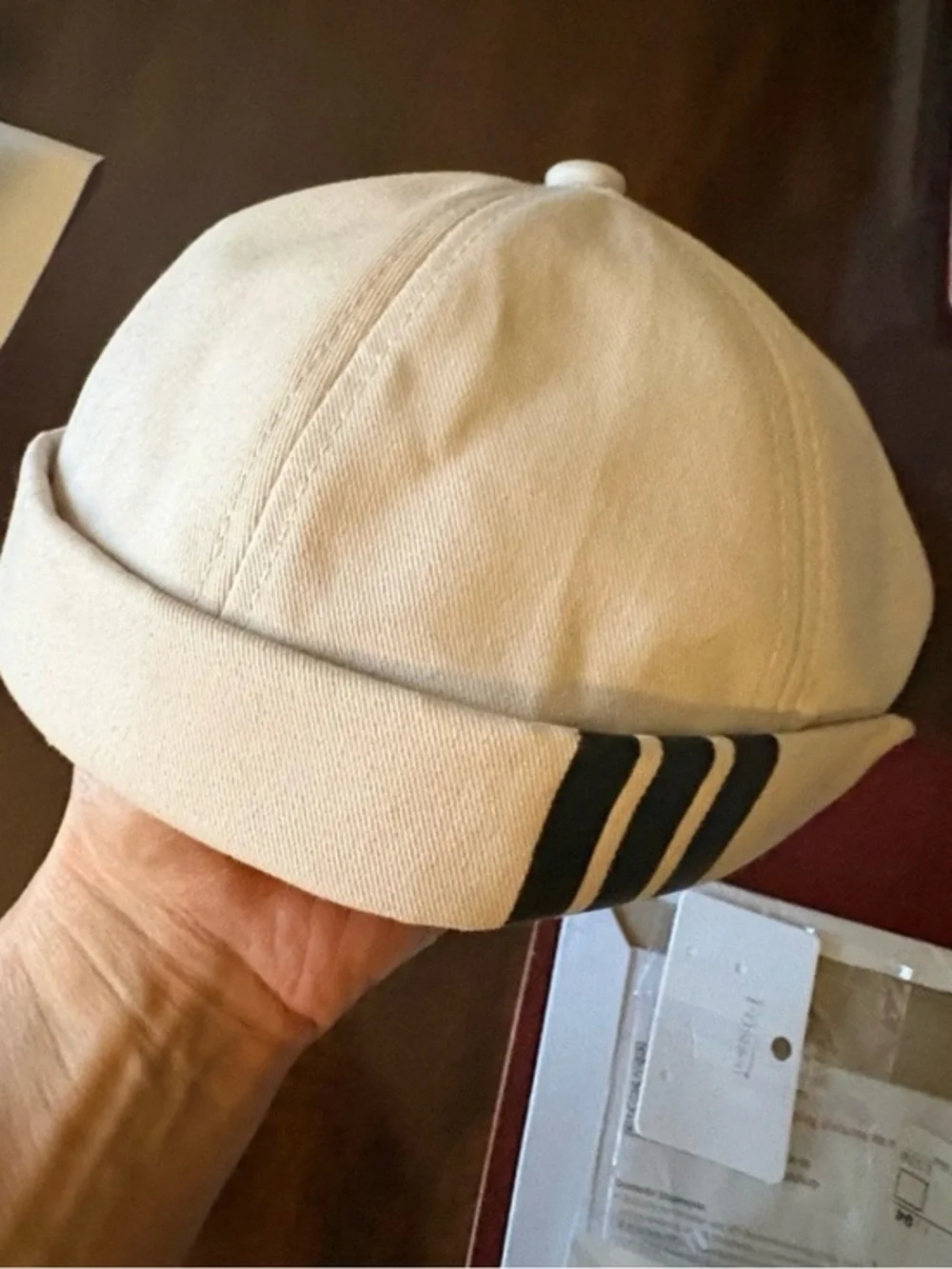 Adidas Men’s Cream Beanie Cap with Black Stripe Detail